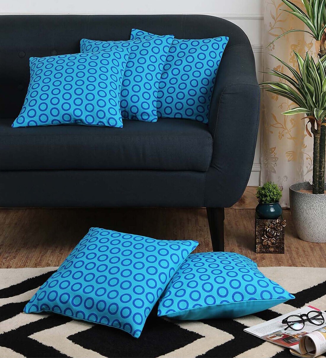 Buy Blue Geometric Cotton 16 x 16 Inch Cushion Covers (Set of 5) by