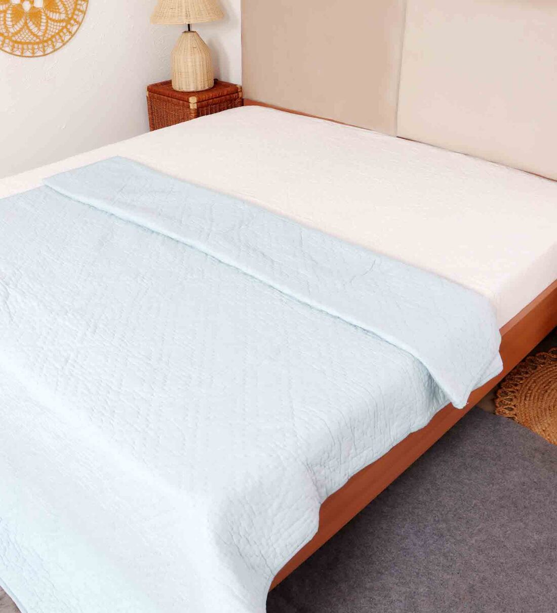 Buy Blue Cotton Geometric 350 GSM Double Bed Quilt with 2 Pillow Covers