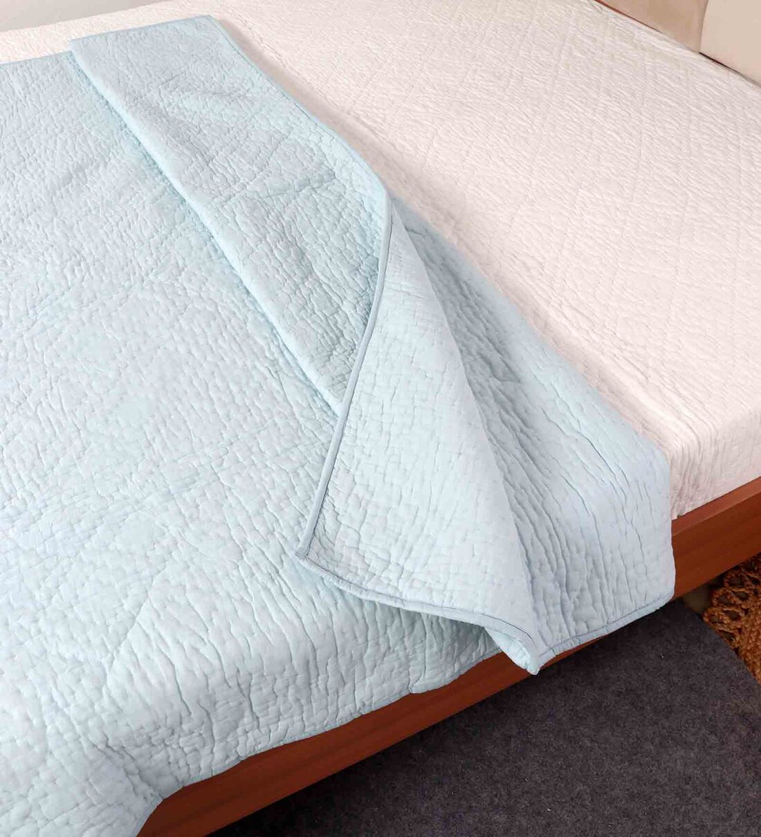 Buy Blue Cotton Geometric 350 GSM Double Bed Quilt with 2 Pillow Covers