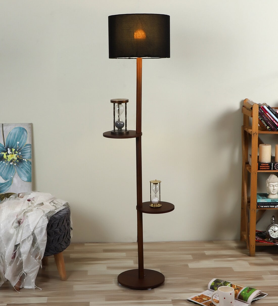 Buy Blue Cotton Shade Shelf Floor Lamp with Walnut Base by Pristine