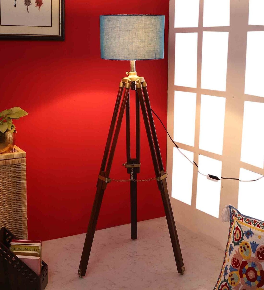 Buy Blue Cotton Shade Tripod Floor Lamp with Walnut Base by Pristine