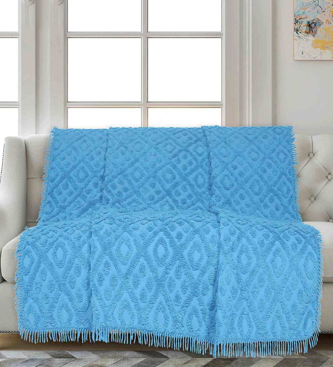 Buy Blue Cotton Geometric 82X55 Inch Machine Tufted Throw by Saral Home ...