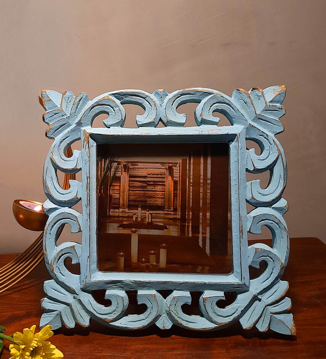 Buy Blue Engineered Wood Table Top Wooden Carved Square Photo Frame by