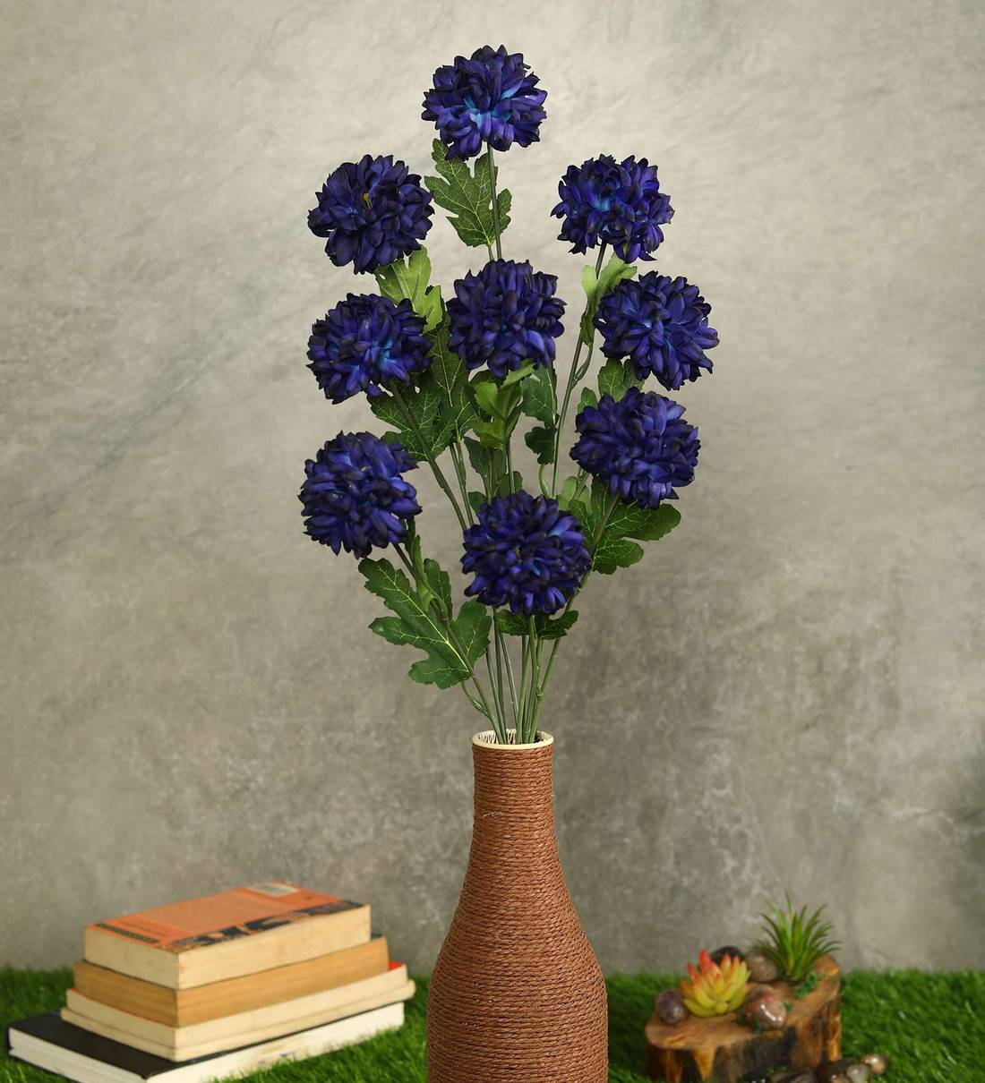 Buy Blue Fabric Beautiful Artificial BallMum Flowers, Set of 9 by