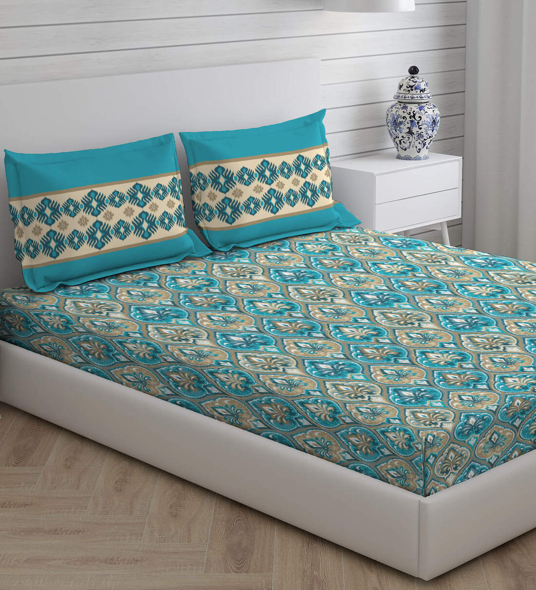 Buy Blue Floral 104 TC Cotton Queen Sized Bed Sheets with 2 Pillow