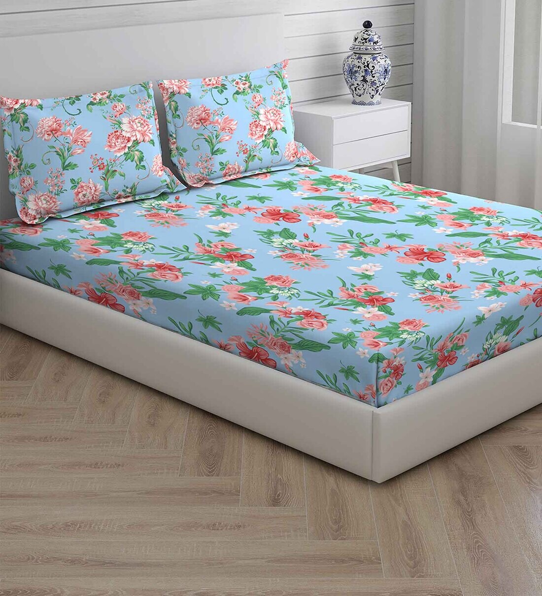 Buy Blue Floral 104 TC Cotton Queen Sized Bed Sheets with 2 Pillow Covers by Layers Online