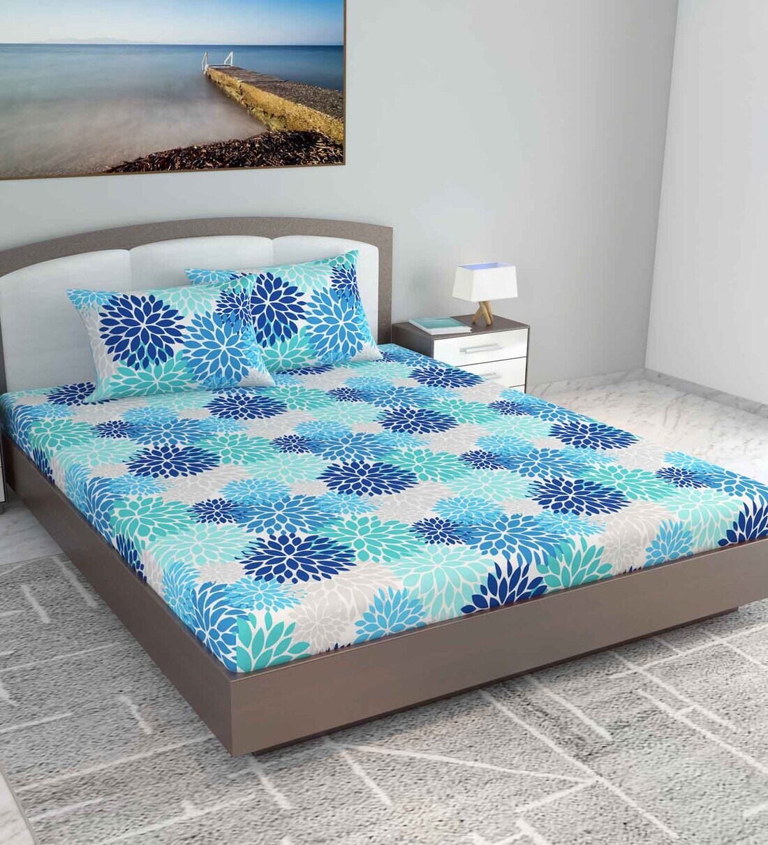 Buy Blue Floral 144 TC Cotton King Size Bedsheet With 2 Pillow