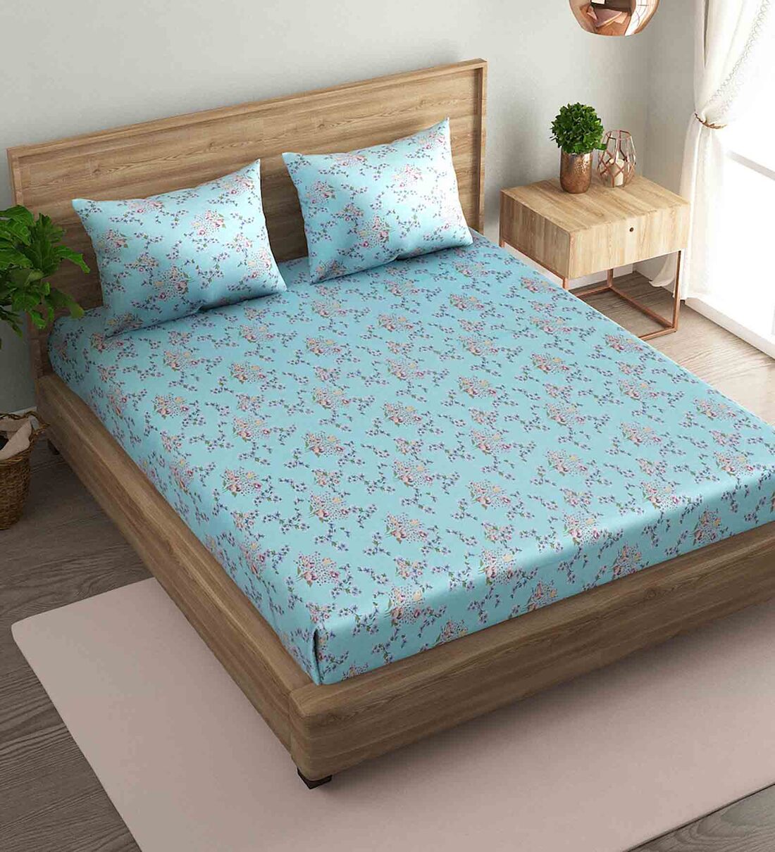 Buy Blue Floral 186 TC Cotton Queen Sized Bed Sheets with 2 Pillow