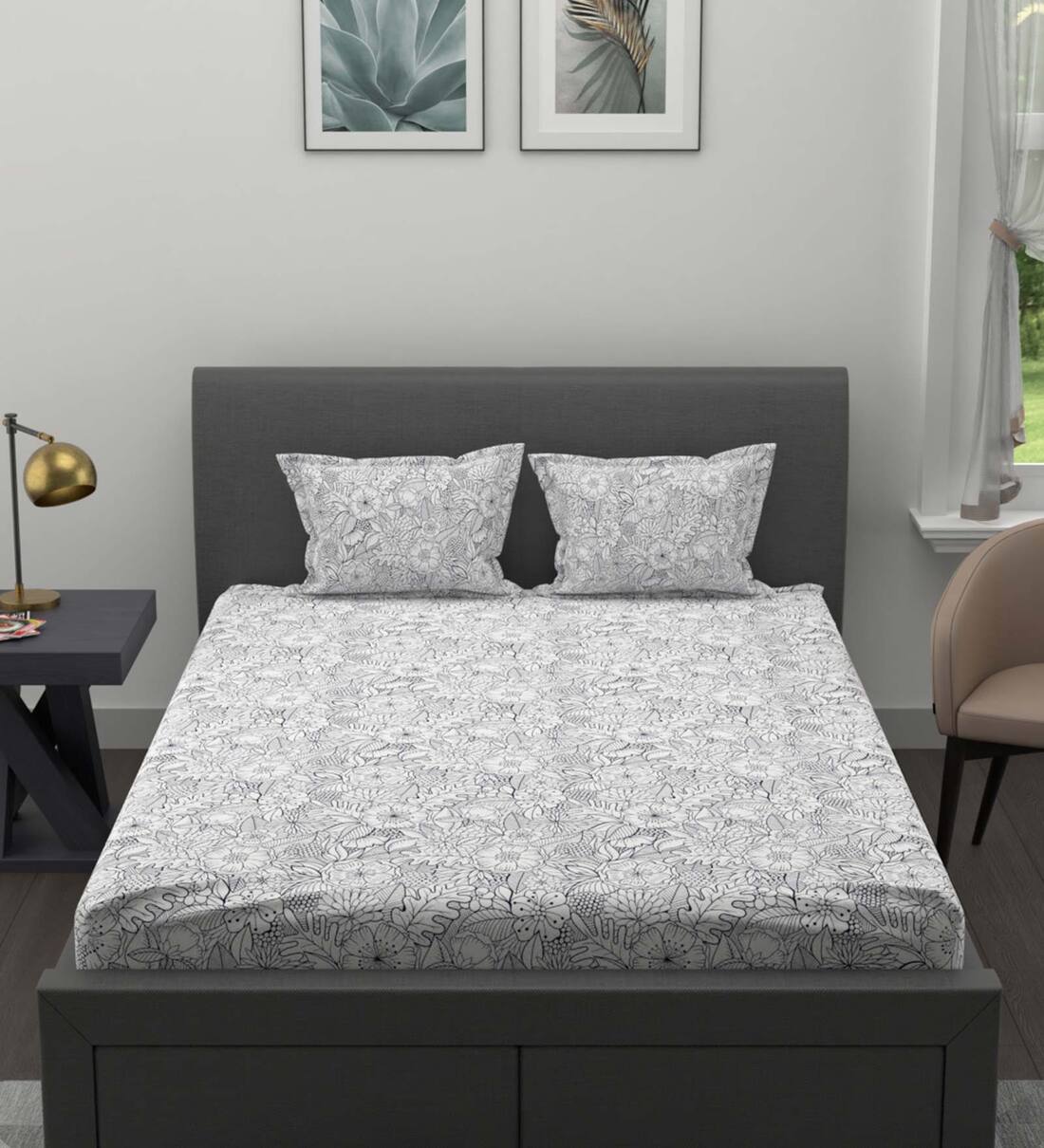 Buy Grey Floral 200 TC Cotton King Sized Bed Sheets with 2 Pillow