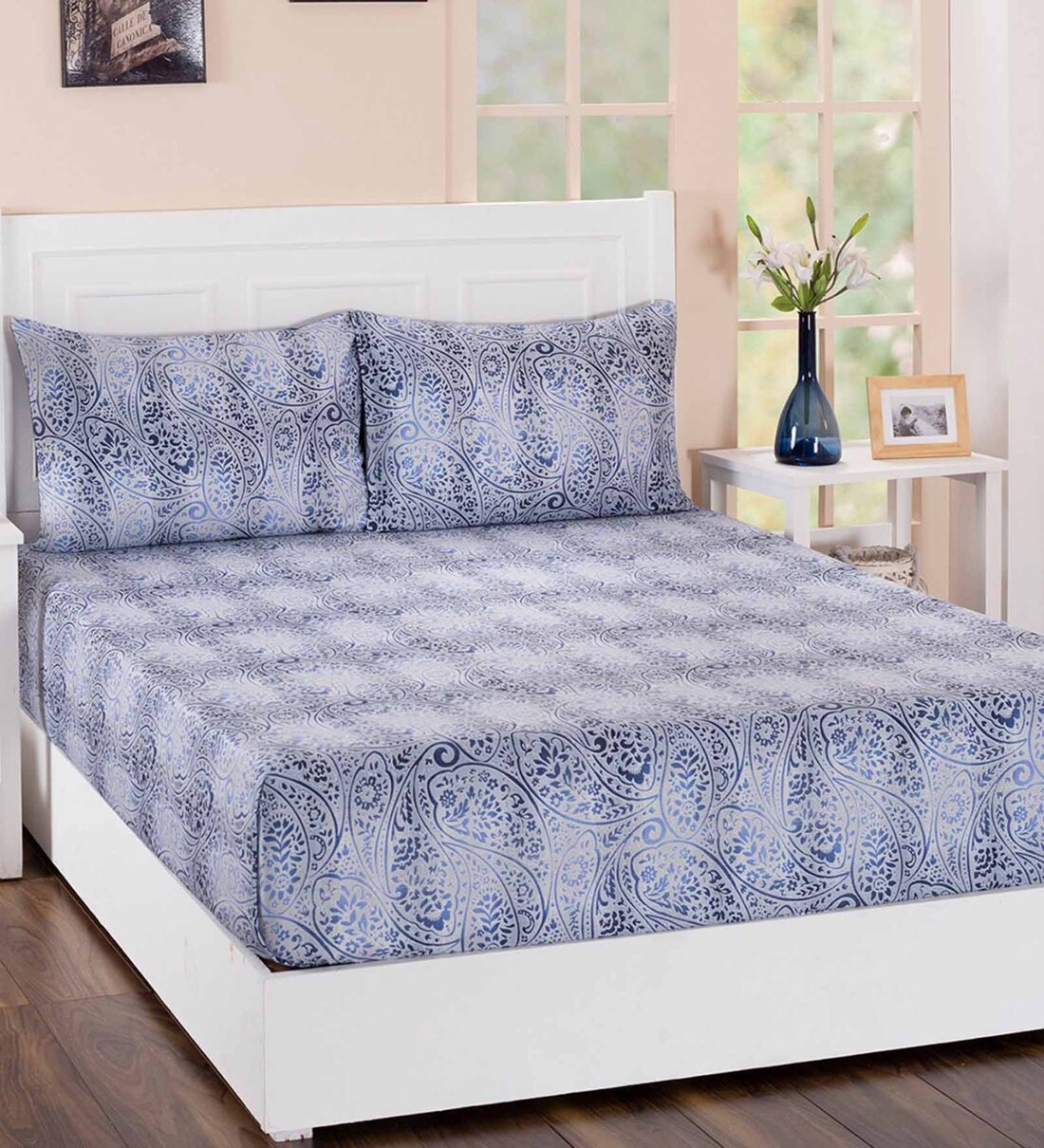 Buy Blue Floral 210 TC Cotton 1 Single Bedsheet With 1 Pillow Cover