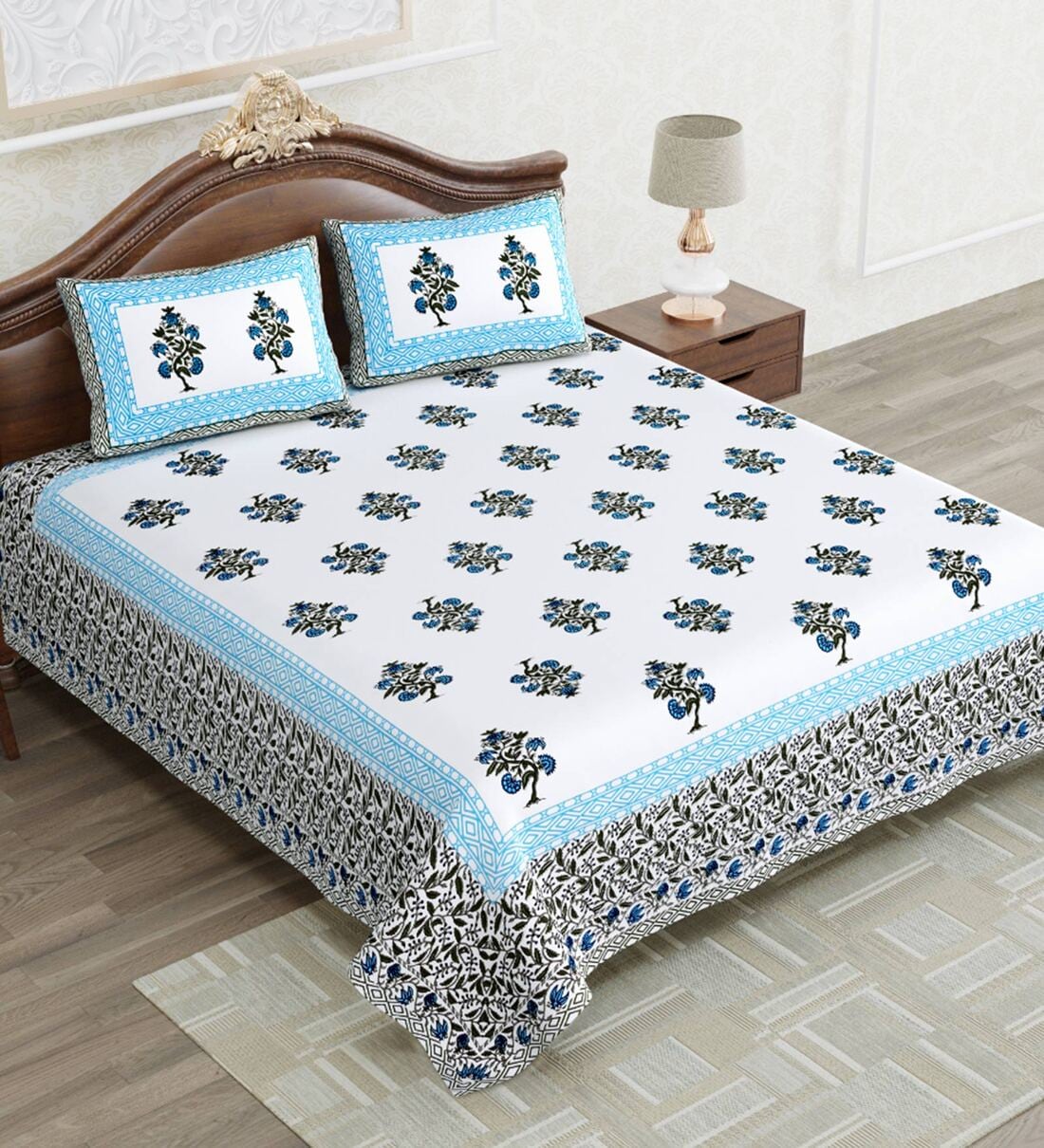 Buy Blue Floral 210 TC Cotton King Sized Bedsheet With 2 Pillow Covers ...