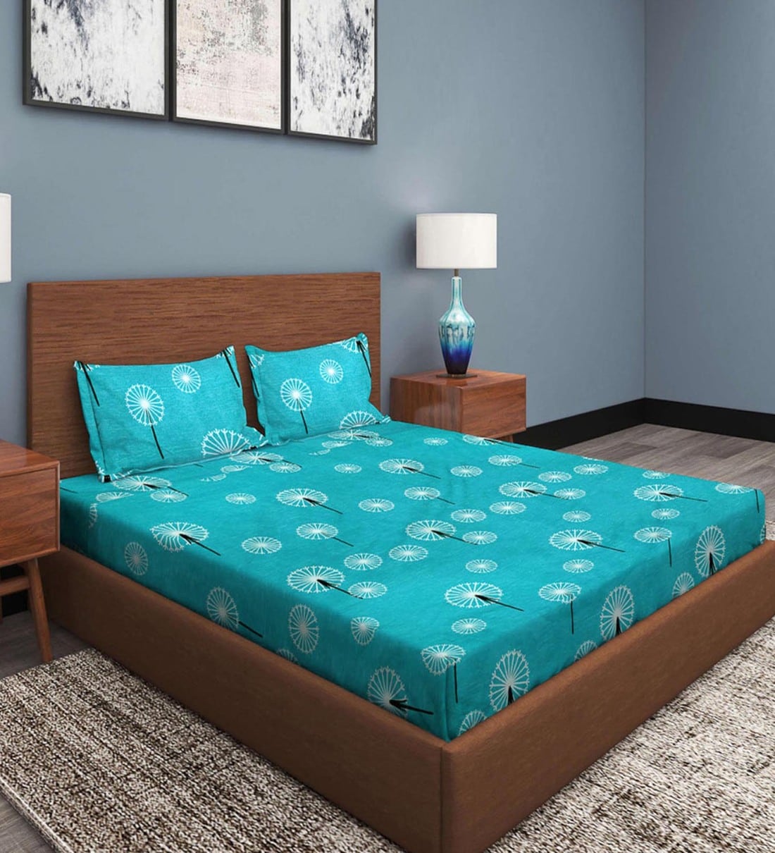 Buy Blue Floral 300 TC Poly Cotton King Sized Bedsheets With 2 Pillow