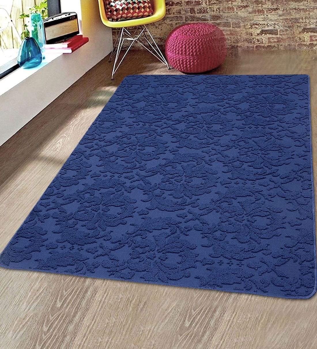 Buy Blue Microfibre Damasc 4 x 6 Feet Hand Tufted Carpet by Saral Home