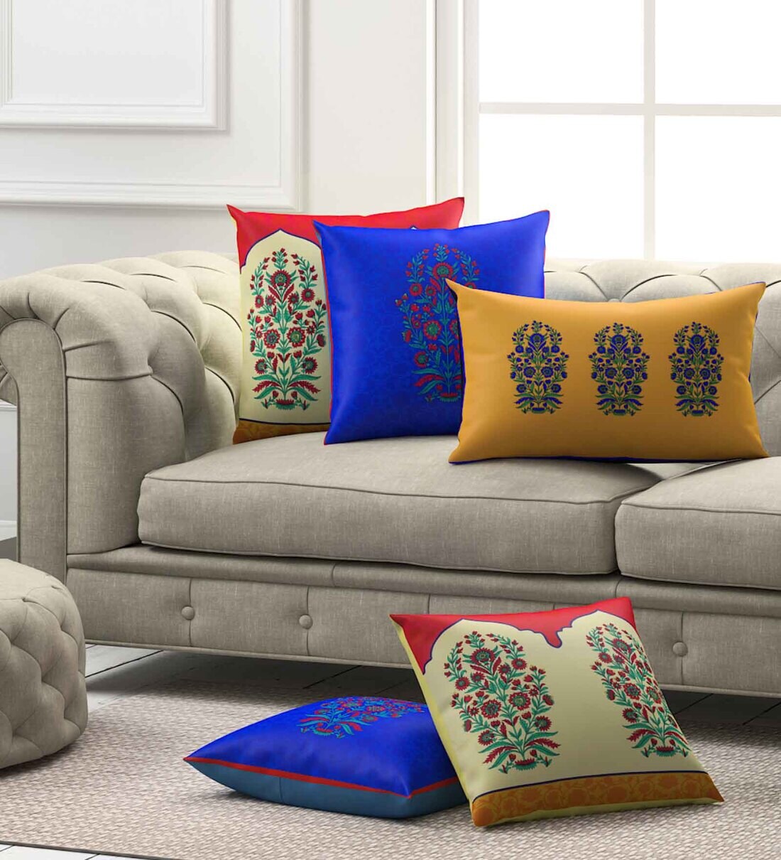 Buy Blue Floral Poly Cotton 16 x 16 Inches Cushion Cover (Set of 5) by SEJ By Nisha Gupta at 70