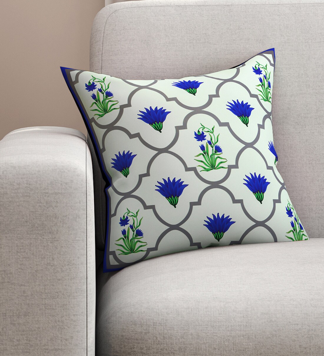 Buy Blue & White Floral Poly Cotton 16 x 16 Inches Cushion Cover by SEJ By Nisha Gupta Online