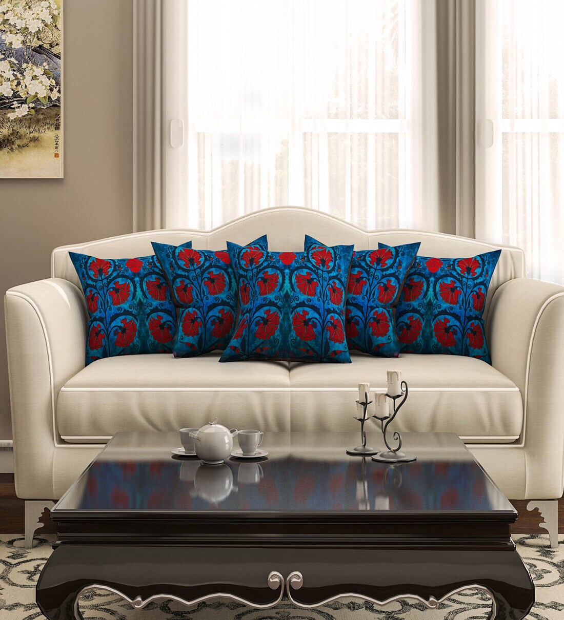 Buy Blue Floral Premium 16 x 16 Inches Cushion covers (Set of 5) by SEJ