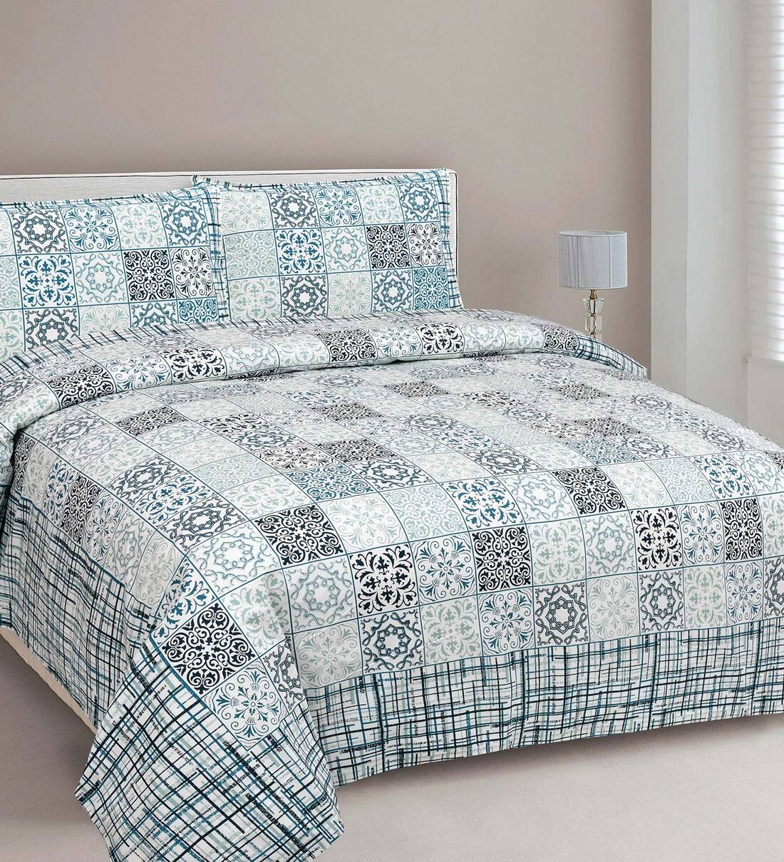 Buy Blue Traditional 210 TC Cotton King Sized Bed Sheets With 2 Pillow ...