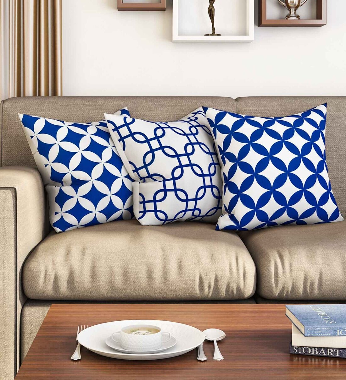 Buy Blue Geometric Premium 16 x 16 Inches Cushion Cover (Set of 3) by