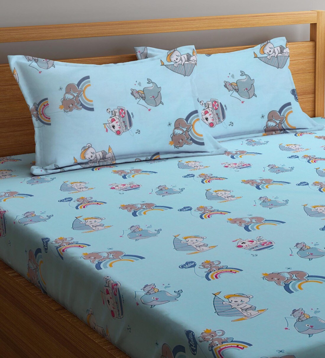 Buy Blue Kids 300 TC Cotton King Sized Bedsheets With 2 Pillow Covers