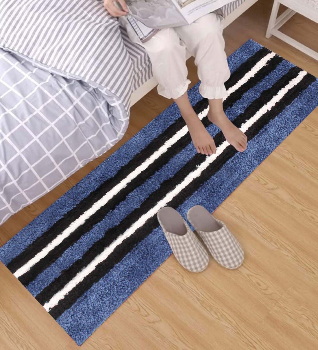 Buy blue microfibre 23 x 56 inches machine made floor runner at 56 off