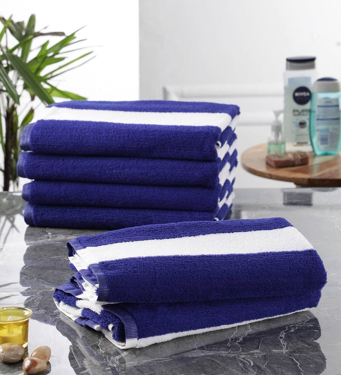 Buy Blue Microfiber 250 GSM Bath Towels (Set Of 6) By Bathe & Soak at