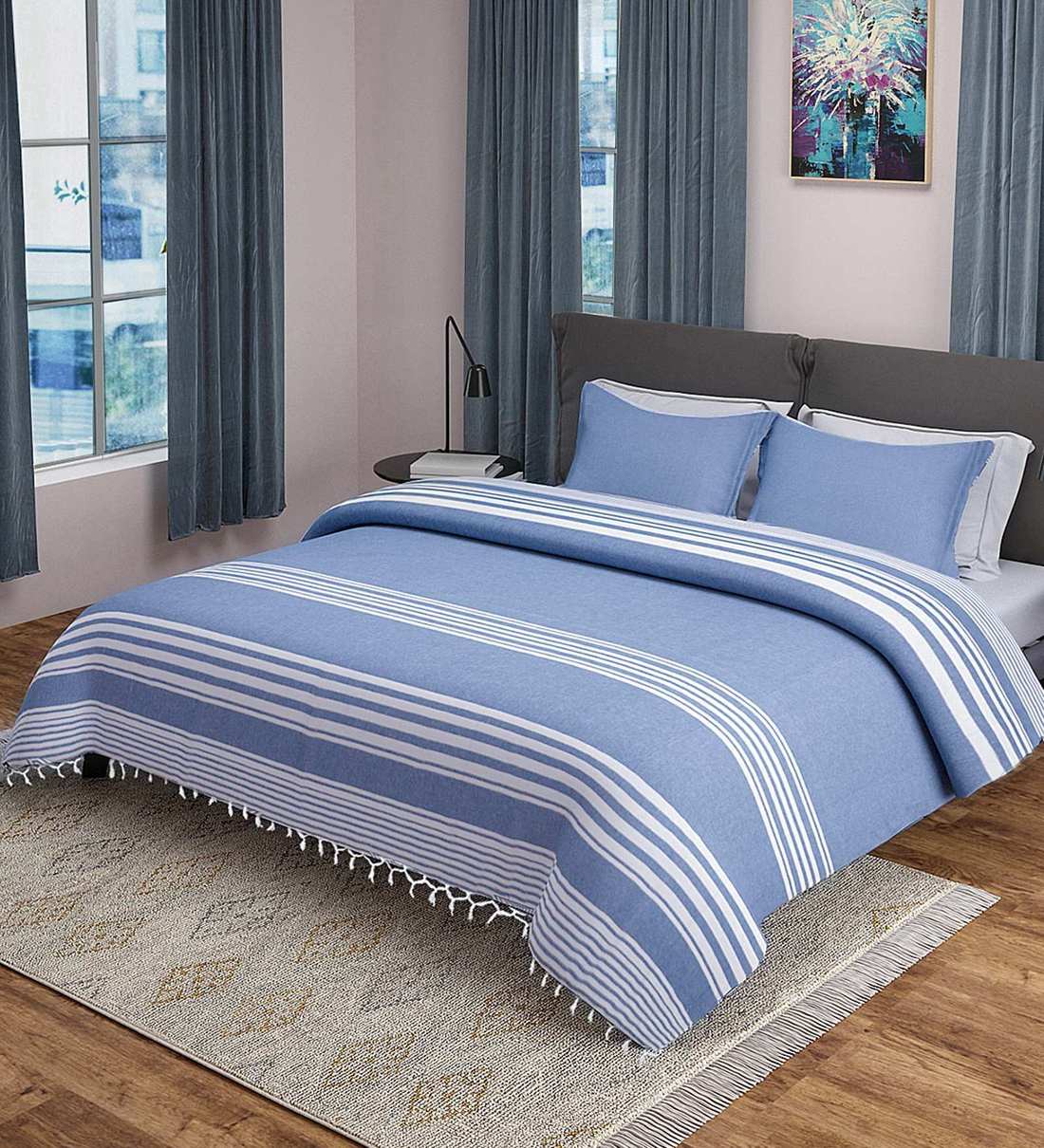 Buy Blue Geometric 500 TC Microfibre Double Bed Cover with 2 Pillow