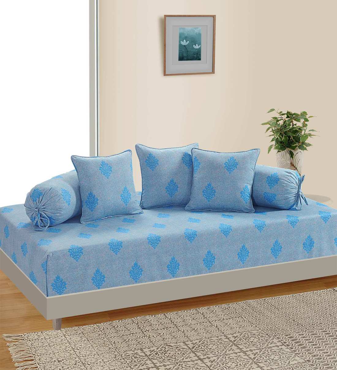 Buy Blue Motifs Diwan Set with Bolster and Cushion Covers (Set of 6) by