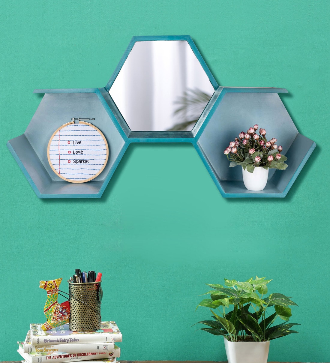 Buy Ply Wood Floating Wall Shelf with Mirror by Opaque Online