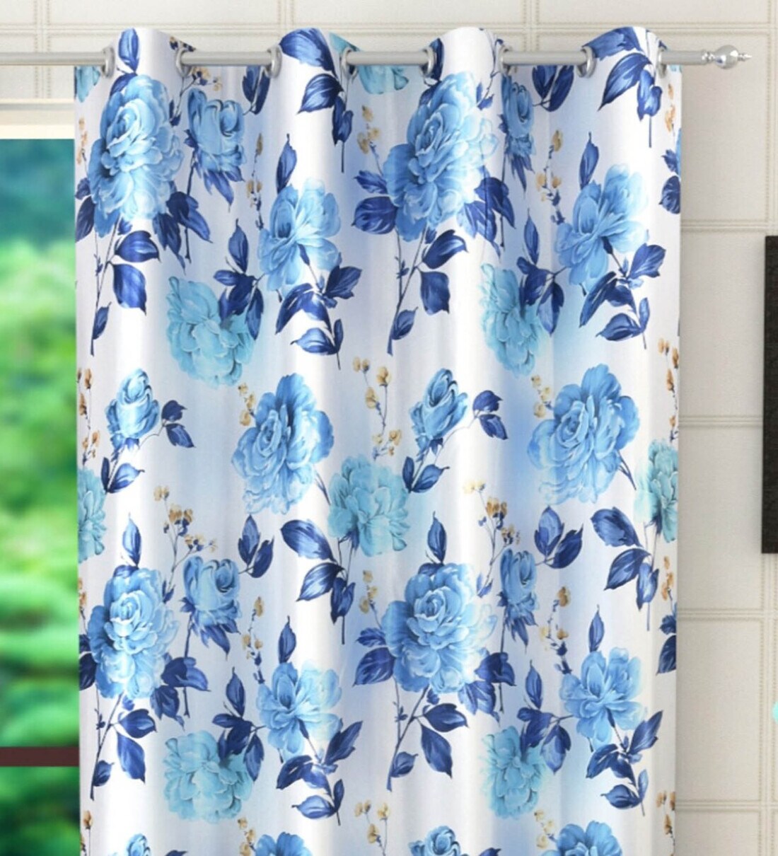 Buy Blue Polyester Floral 5feet Light Filtering Eyelet Window Curtain by LaVichitra Online