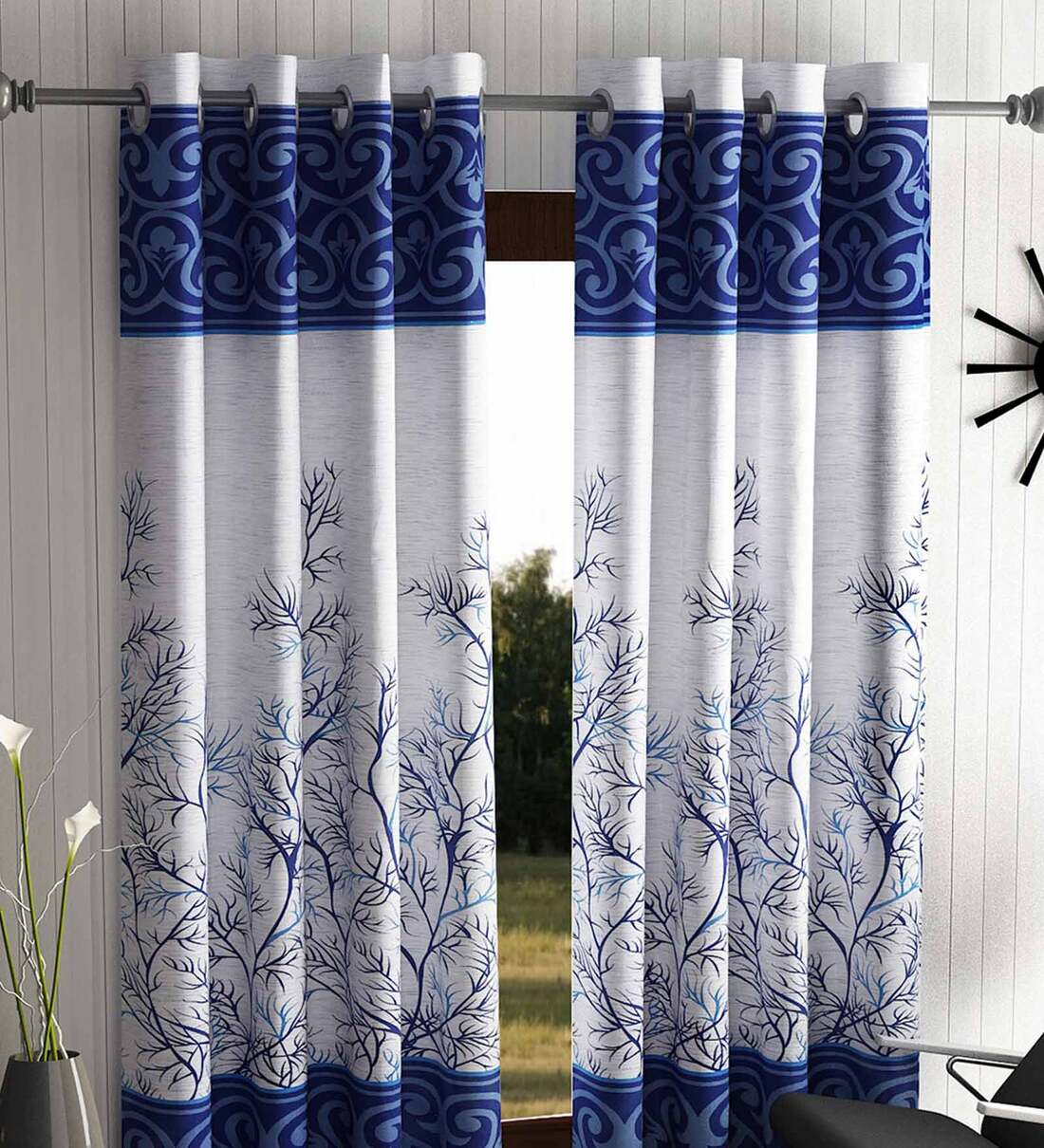 Buy Blue Polyester Floral Ft Semisheer Eyelet Pcs Door Curtains By