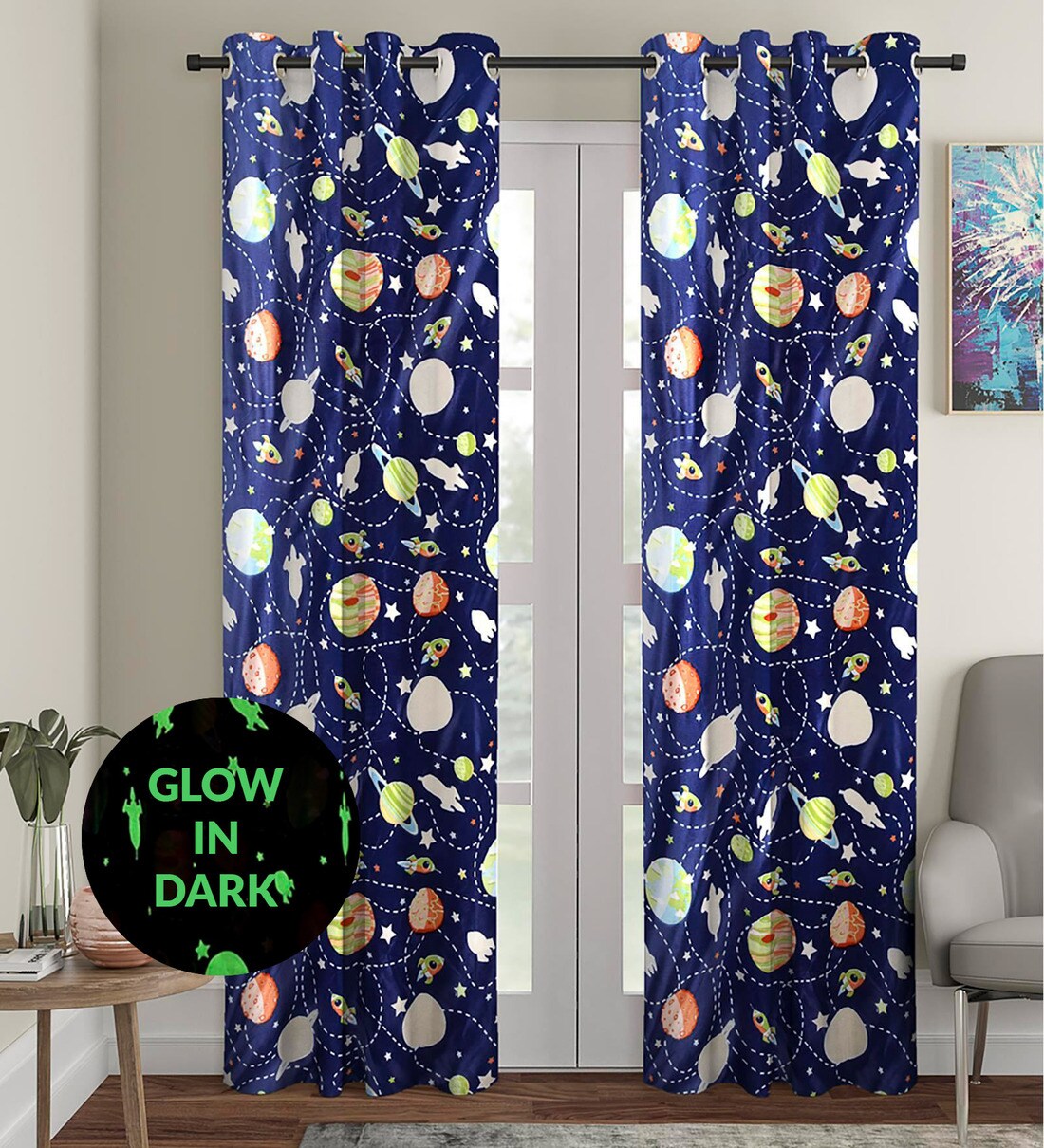 Buy Blue Polyester Glow in Dark Room Kids Curtain-Set of 2 by Cortina ...