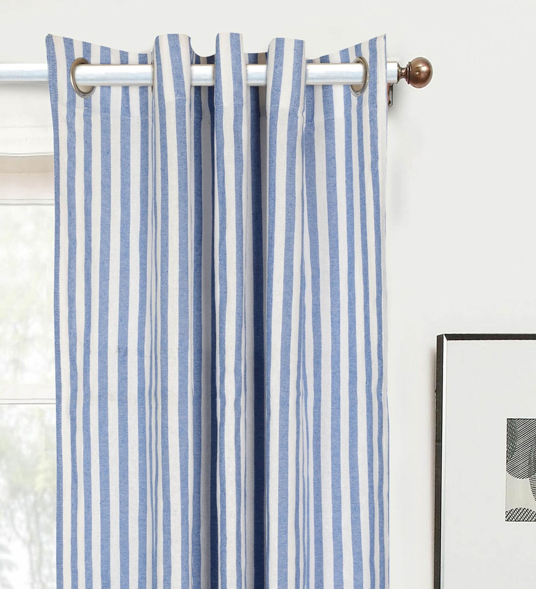 Buy Blue Striped Cotton 7 Ft Semisheer Eyelet Door Curtains (Set of 2 ...