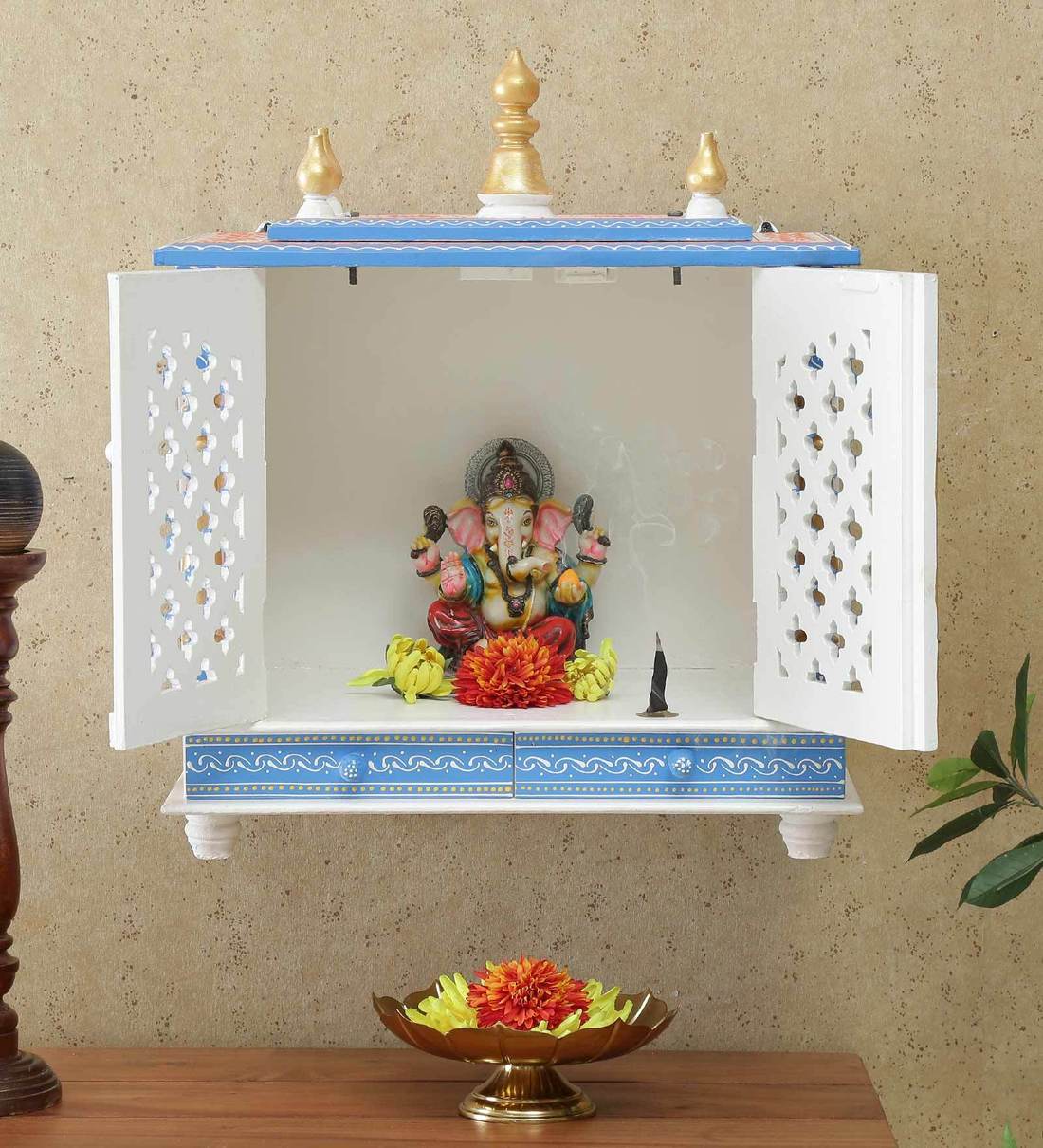 Buy Blue Sheesham Wood Wall Mounted Mandir With Door at 4% OFF by India ...