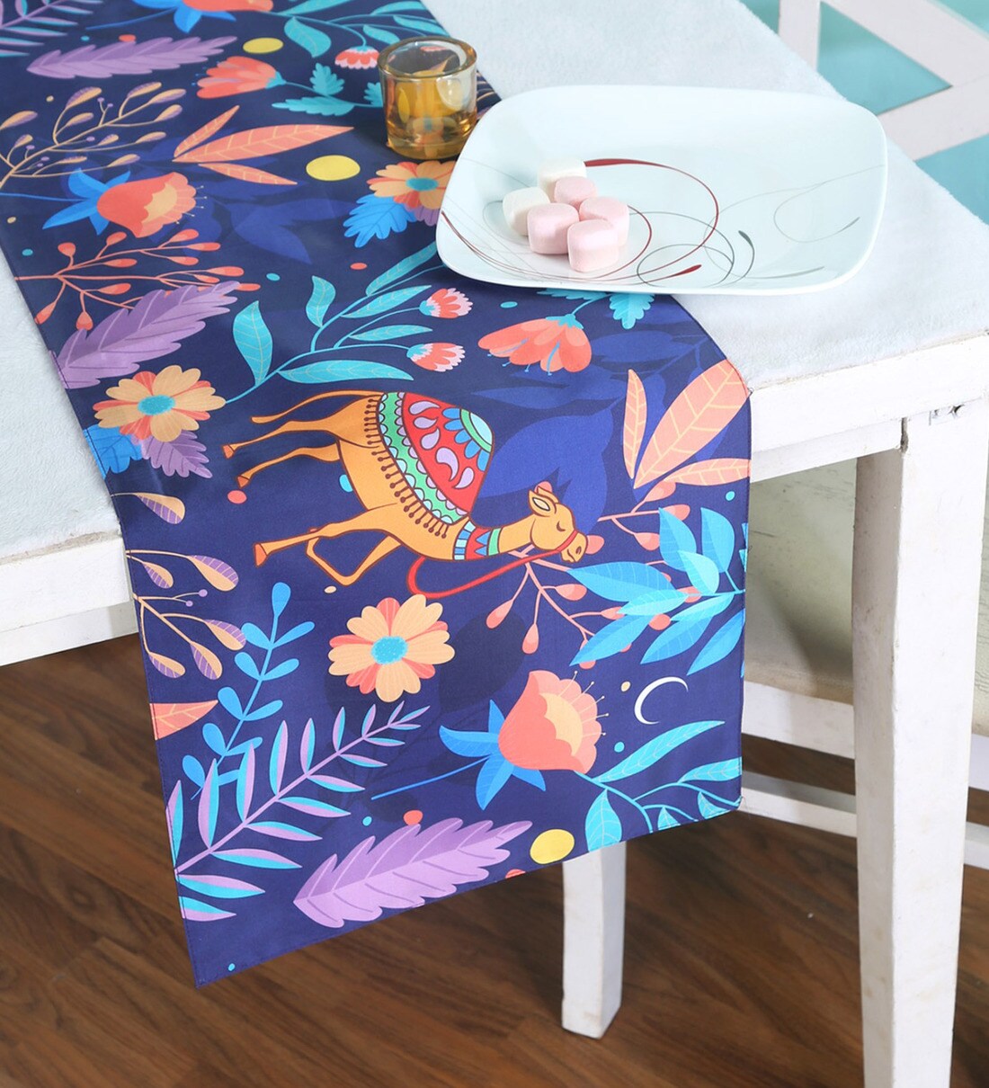 Buy Blue Silk Floral 54x14 Inches Table Runner by M K Enterprise Online