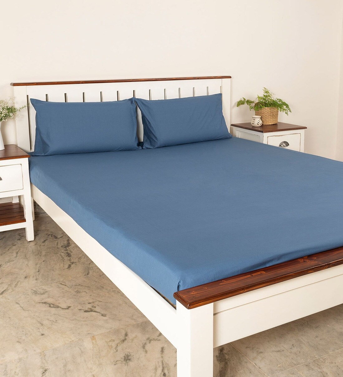 Buy Blue Solid 210 TC Cotton Queen Sized Fitted Bed Sheets with 2