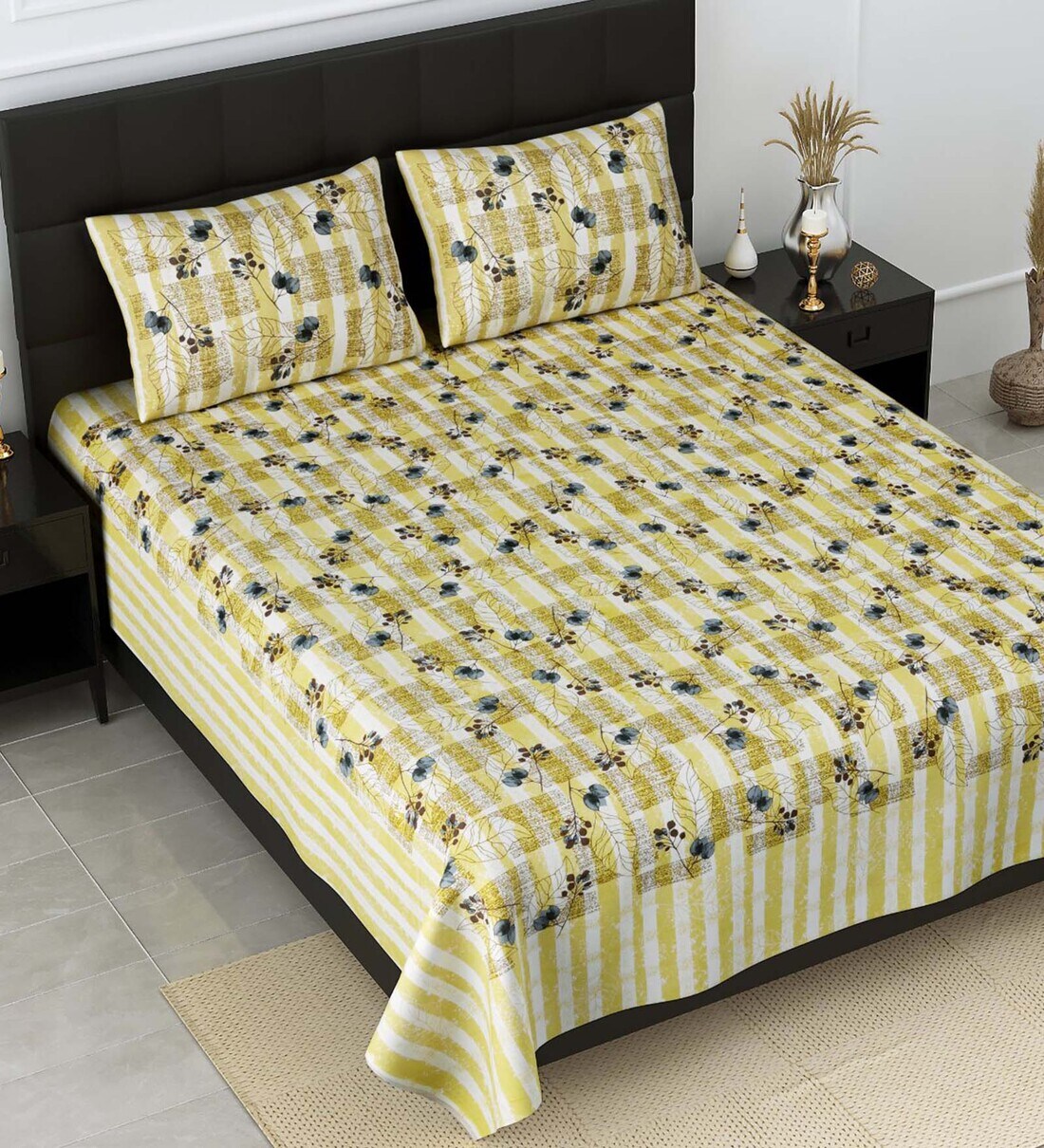 Buy Blue Solid 300 TC Cotton Double Bedsheet With 2 Pillow Covers