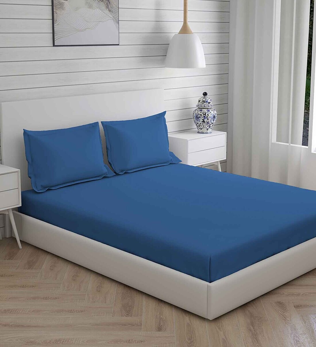Buy Blue Solid 300 TC Cotton King Sized Bedsheet With 2 Pillow Covers