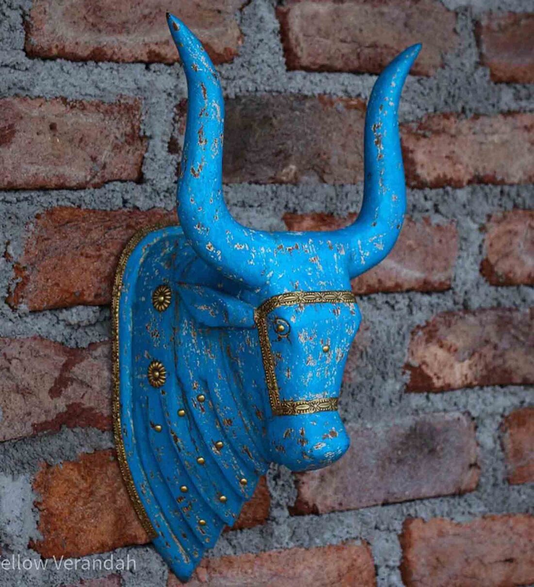 Buy Blue Solid Distressed Wood Nandi Head Wall Mask By Yellow Verandah