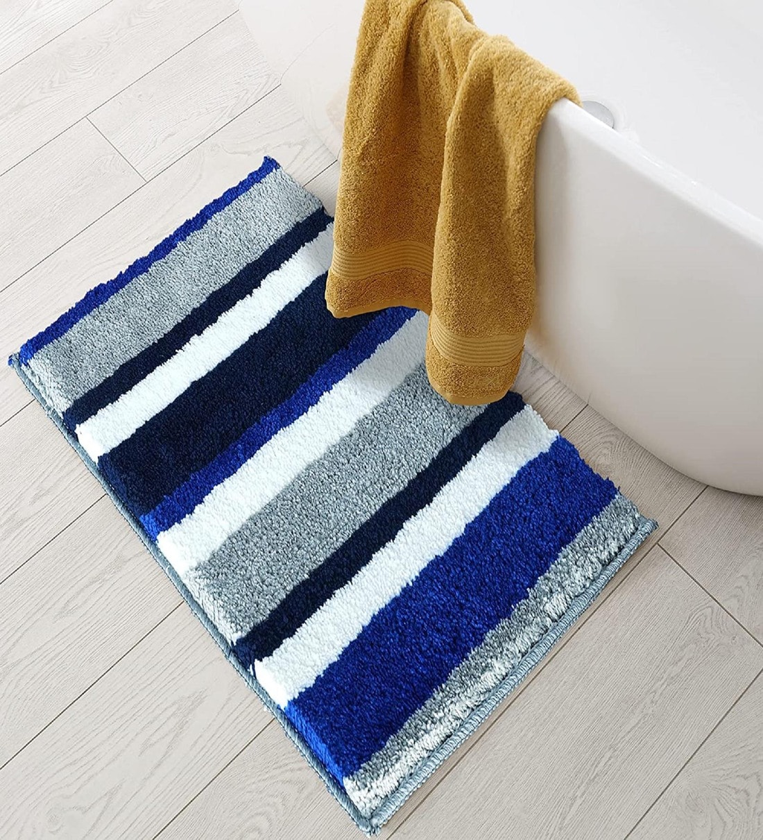 blue and yellow striped bath towels