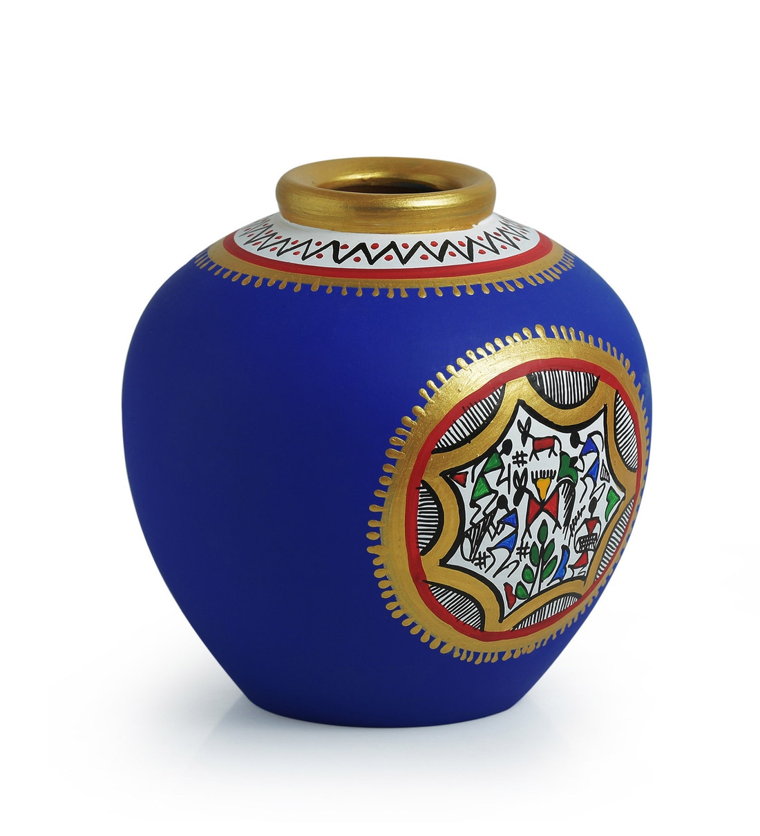 Buy Blue Hand Painted Warli Matki Terracotta Vase by Exclusivelane
