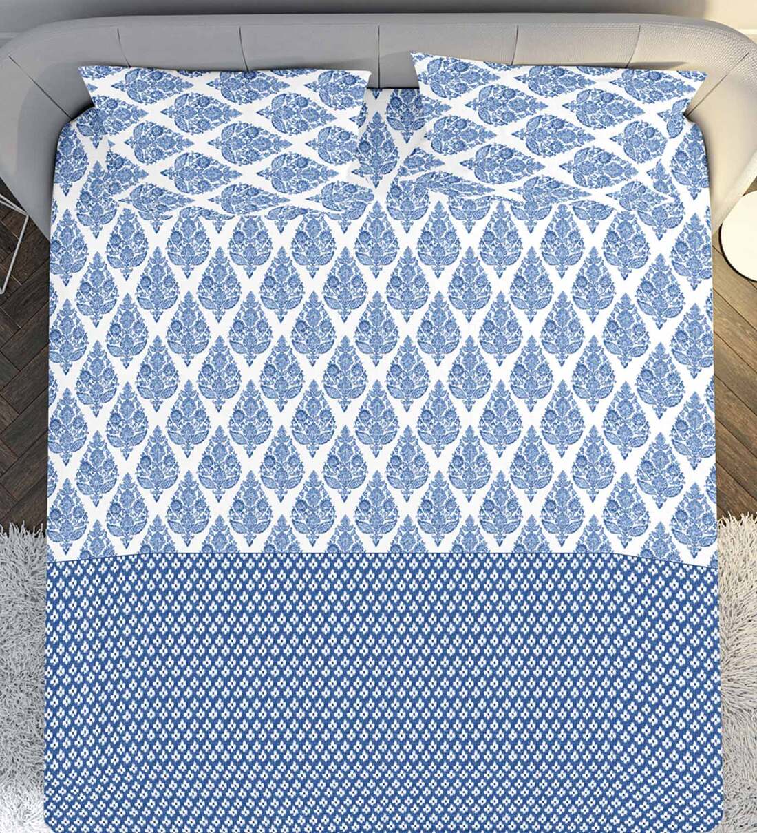 Buy Blue Traditional 144 TC Cotton King Bedsheet with 2 pillow covers