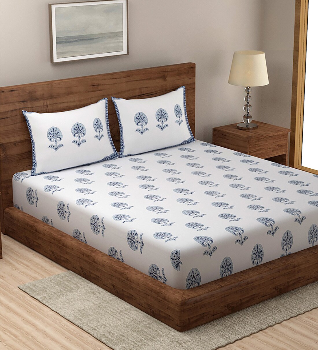 Buy Blue Traditional 180 TC Cotton Single Bedsheet with 1 Pillow Cover