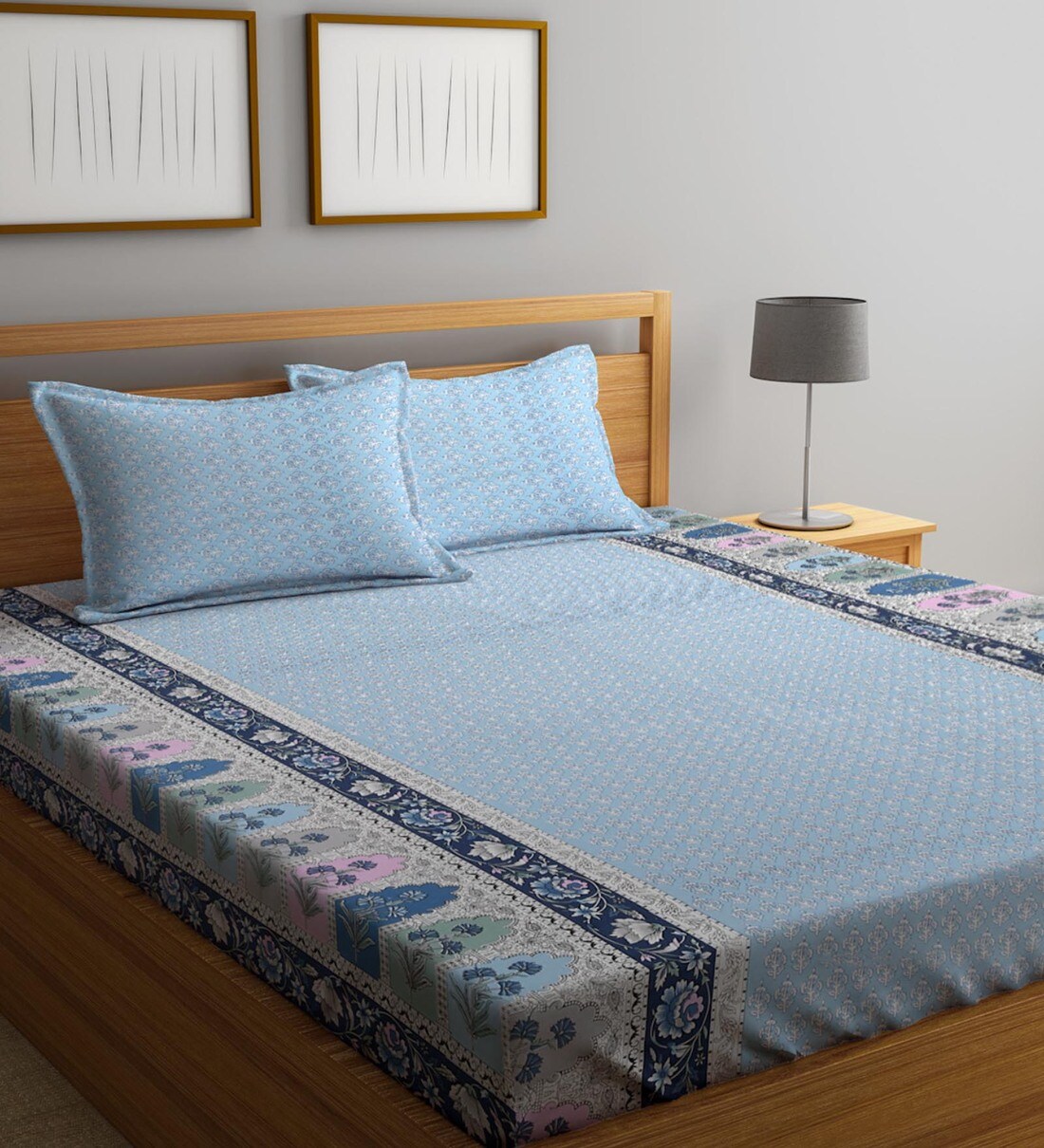 Buy Blue Traditional 300 TC Cotton King Sized Bedsheets With 2 Pillow