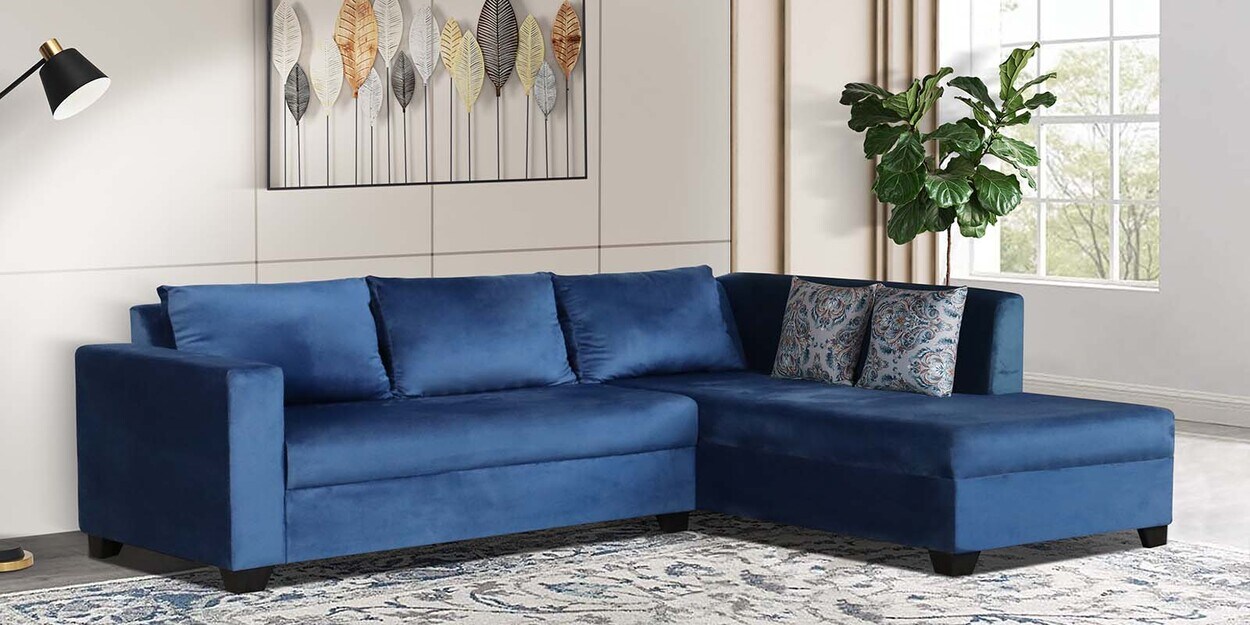 Buy Blissplus Velvet LHS Sectional Sofa (2+Lounger) in Blue Colour