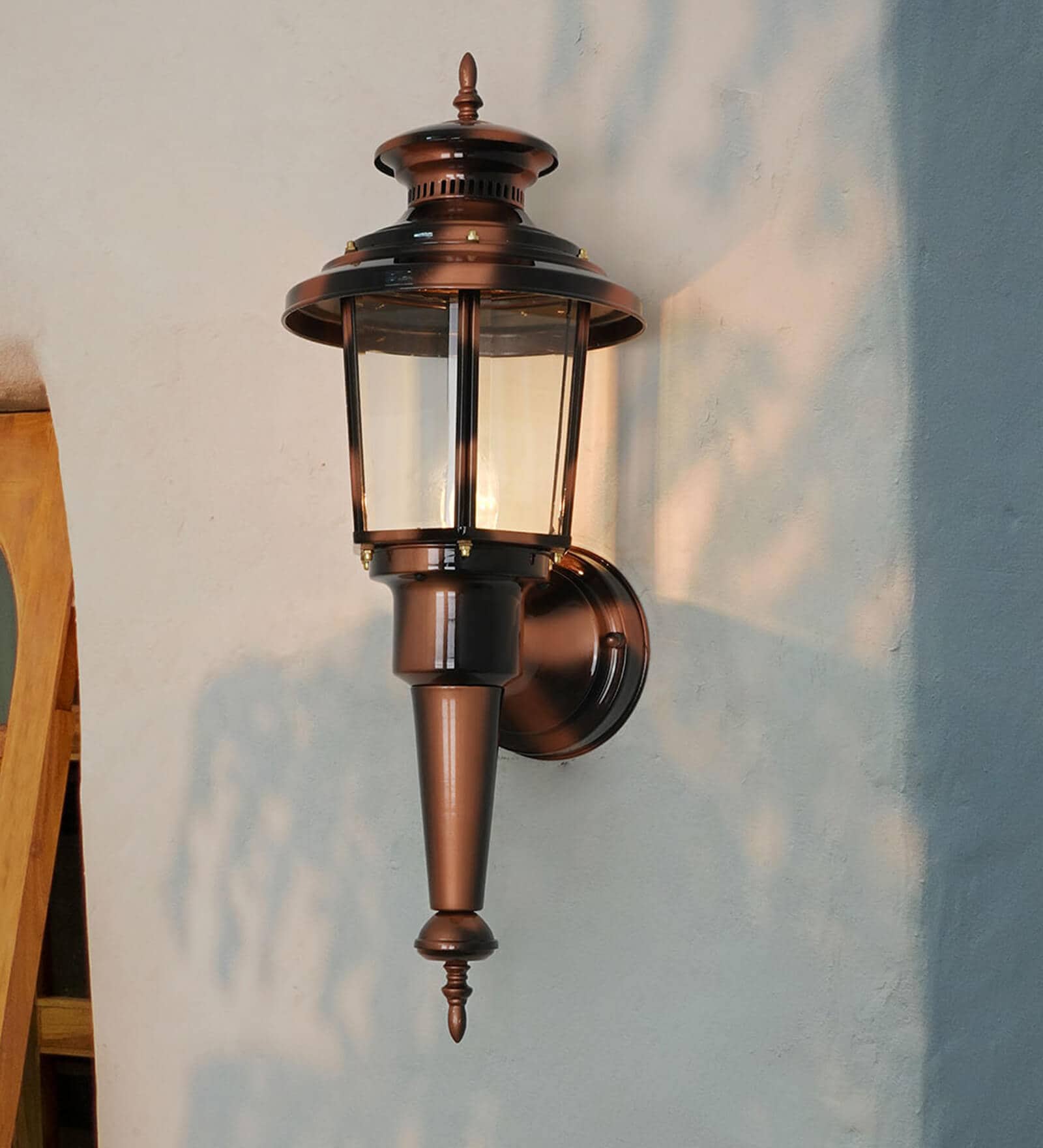 Black & Copper Victorian 25 Inch Aluminium Single Light Outdoor Wall Lamp With Beveled Glass Panels