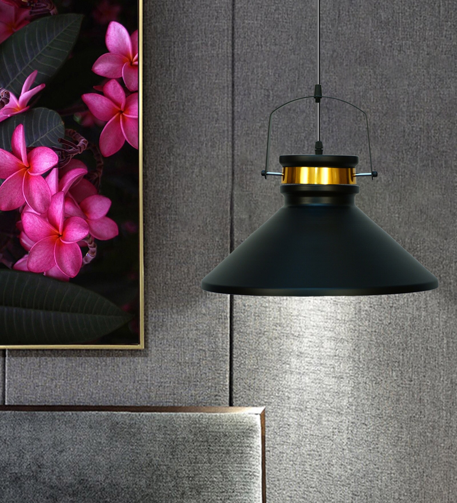 Buy Lynx Black Metal Hanging Light by Hind Lighting Online Conical
