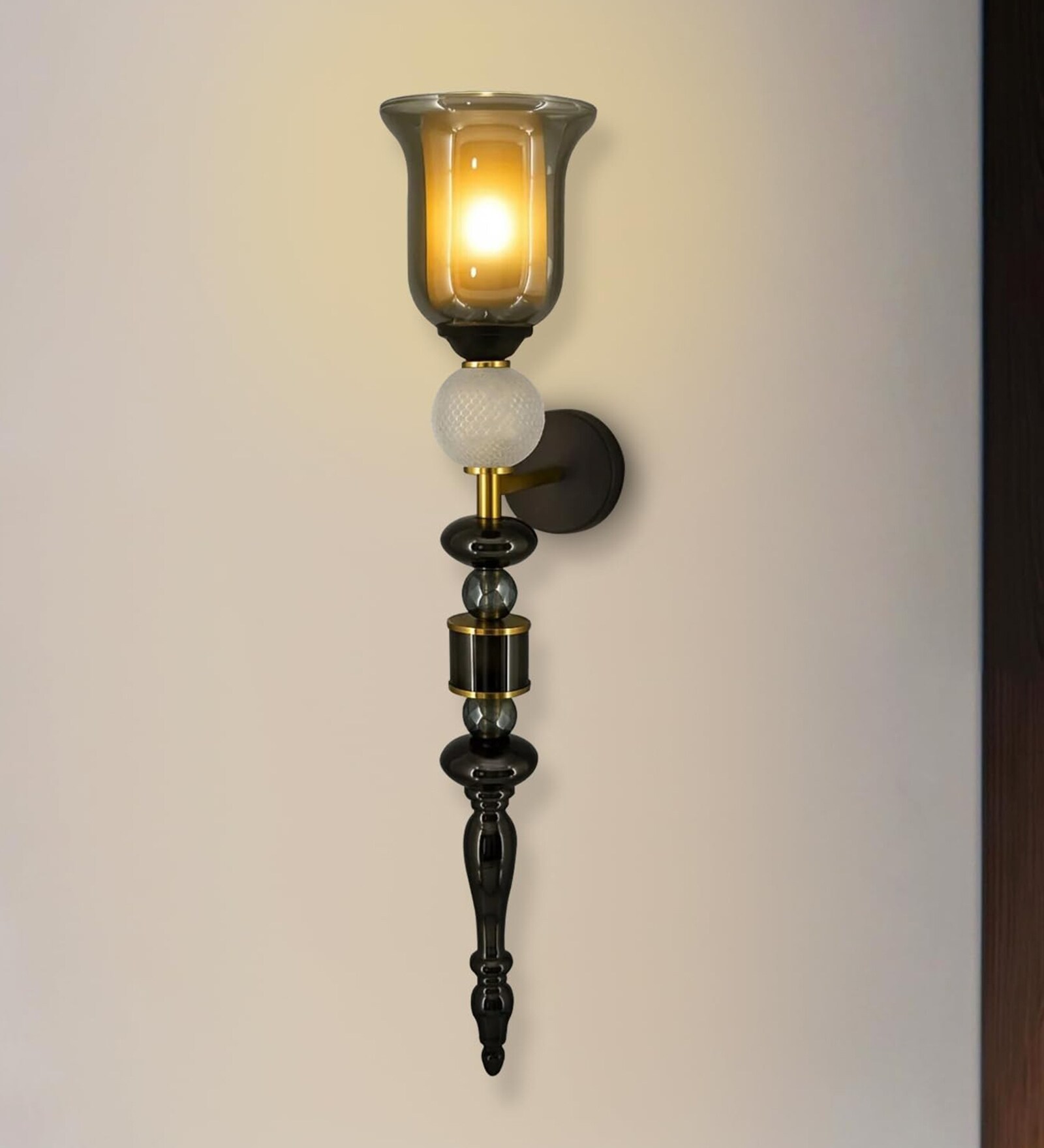 Black & Gold Metal Wall Sconce with Amber Glass Shade