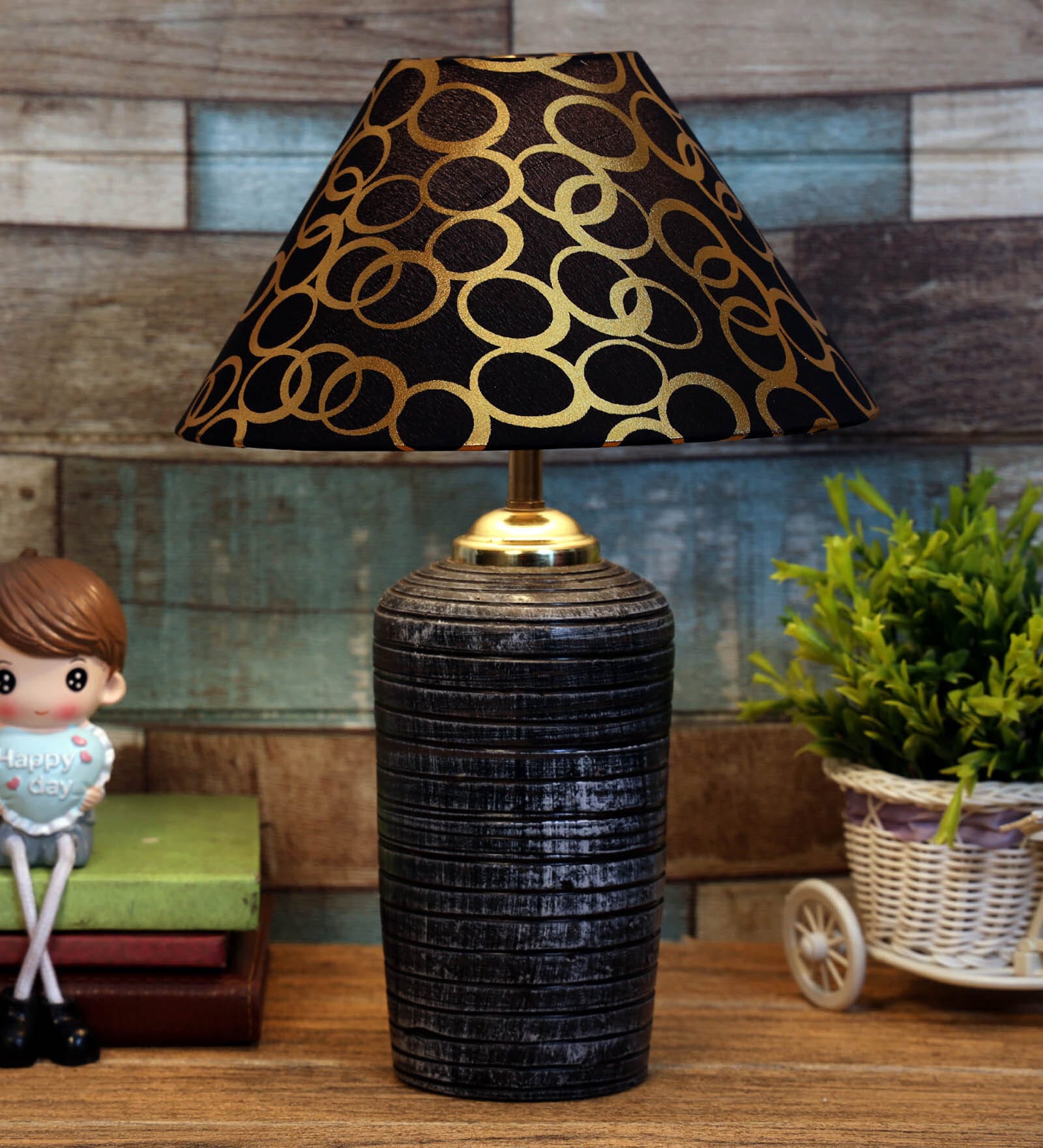 Black & Gold Shade Table Lamp With Terracotta Base