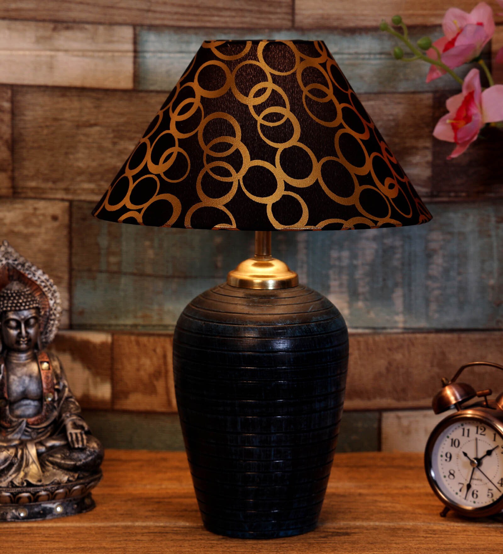 Black & Gold Shade Table Lamp With Terracotta Base