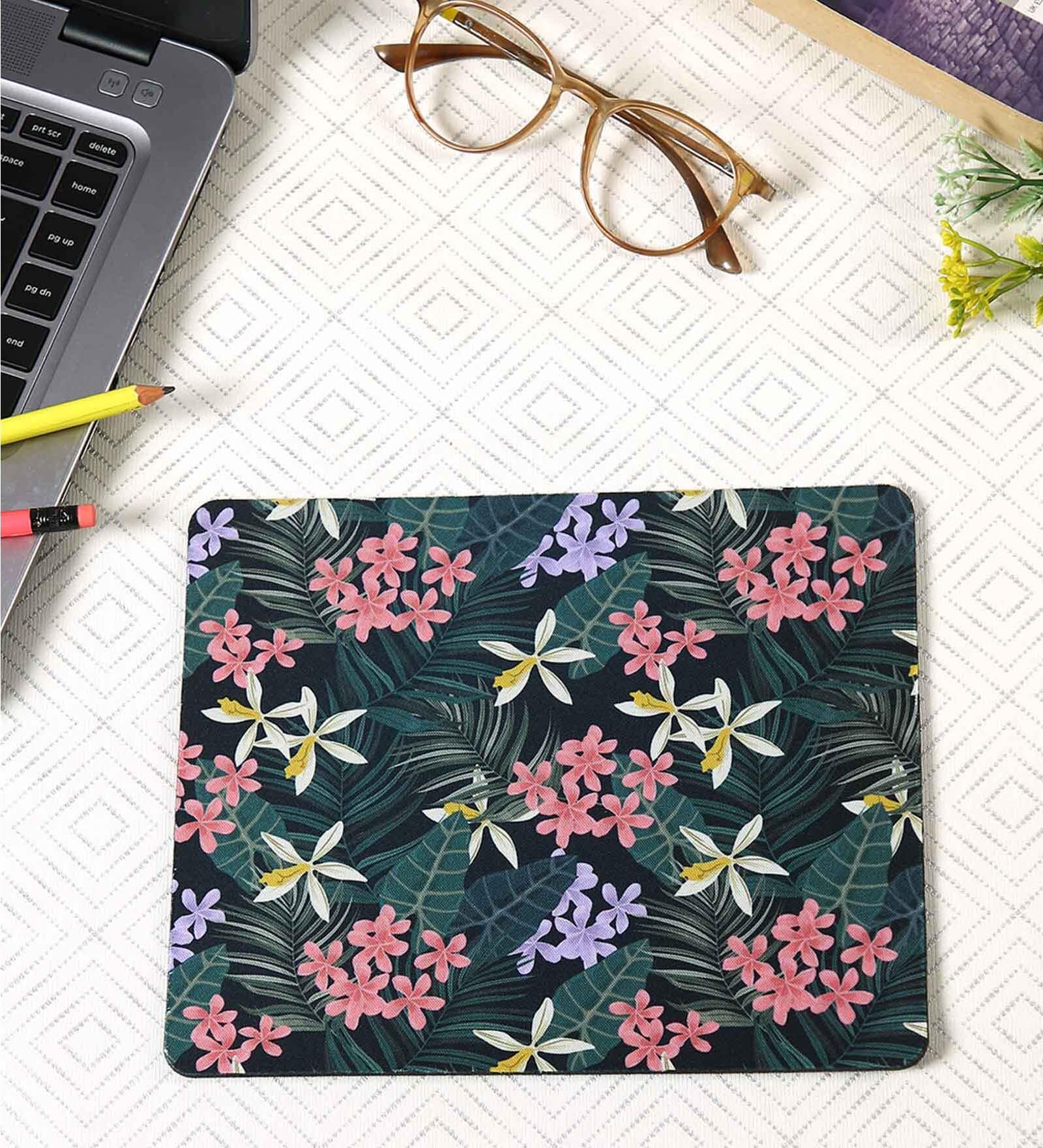 Black & Green Floral Printed Rectangle Mousepad